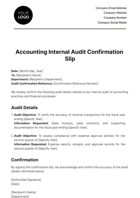 Free Accounting Internal Audit Confirmation Slip Template Edit Online