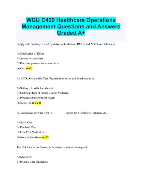 WGU C429 Healthcare Operations Management Questions And Answers Graded