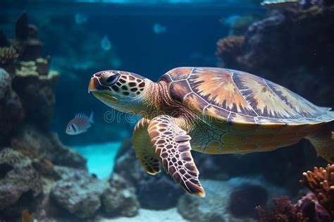 Underwater Coral Reef With Colorful Fish And Turtle Marine Life Stock