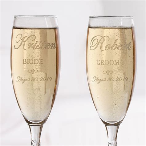 Engraved Crystal Champagne Flutes - Bride and Groom Design