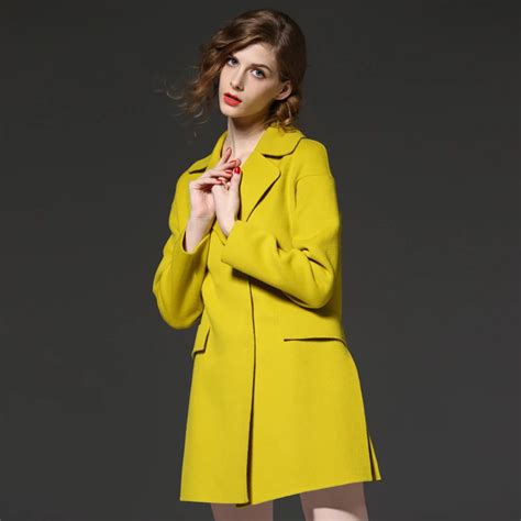 Women Yellow Winter Wool Coat Full Sleeve Autumn Winter Warm Female