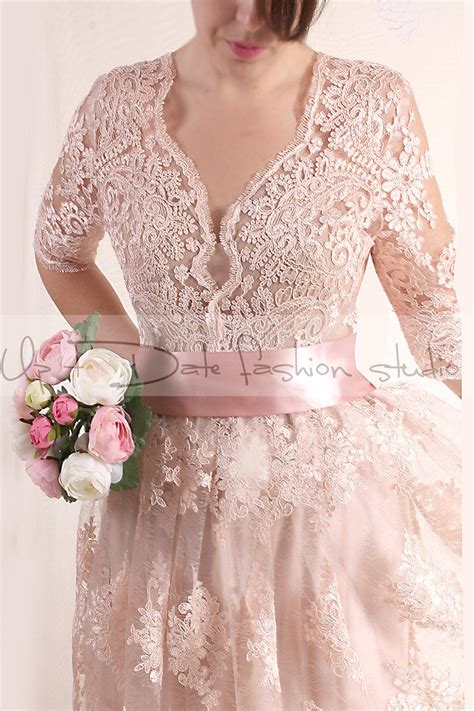 Plus Size Lace Short Blush Pink Wedding Party Lace Dress With Sleeves Bridal Gown 2667955