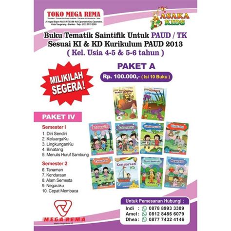 Jual Buku Tematik TK PAUD A Semester 1 Semester 2 Sesuai Kurikulum