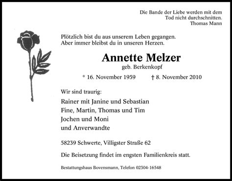 Traueranzeigen Von Annette Melzer Trauer In NRW De