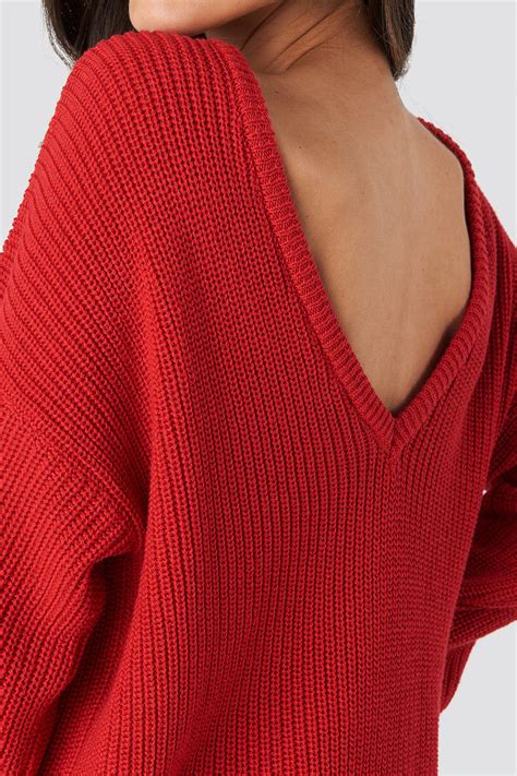 Knitted Deep V Neck Sweater Red Na Kd