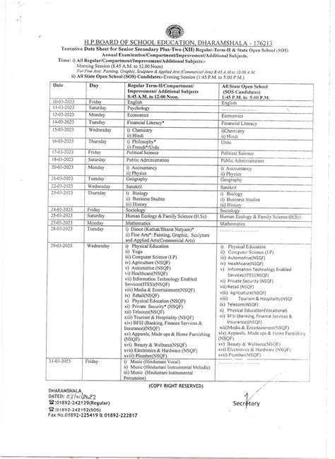 Himachal Pradesh 12th Board Time Table 2024 HP Board Term 2 Date Sheet