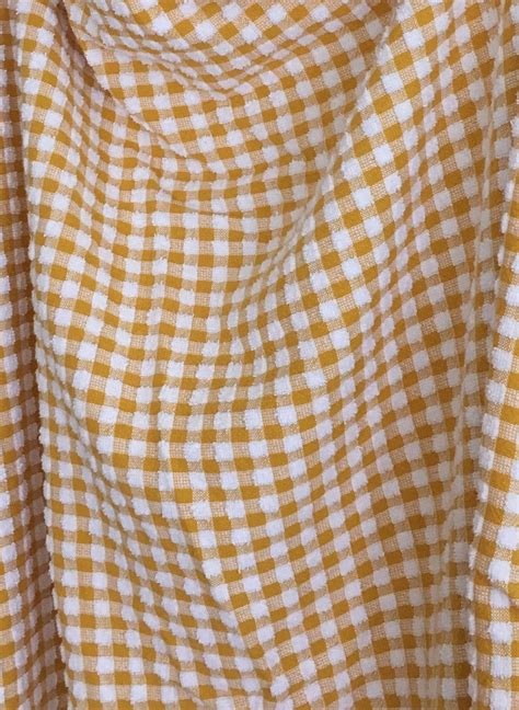 Vintage Gingham Picnic Blanket With Fringe Mustard Yellow And White