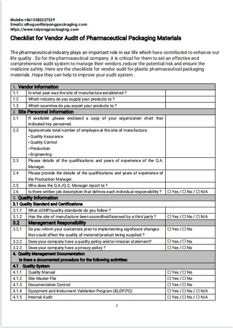 CheckList-Vendor Audit of Pharmaceutical Packaging Materials