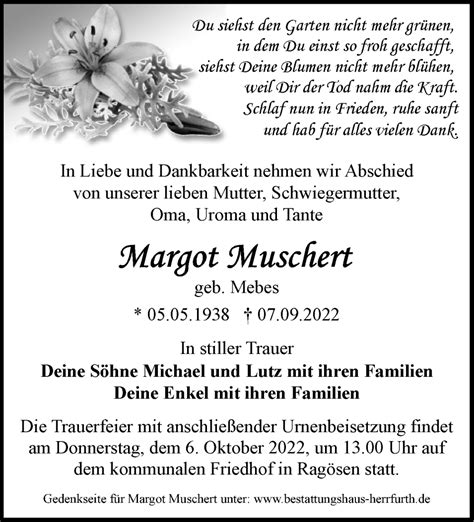 Traueranzeigen von Margot Muschert Märkische Onlinezeitung Trauerportal