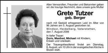 Traueranzeigen Von Grete Tutzer Trauer Bz