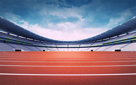 Empty Athletics Stadium With Track At Panorama Day View Stock