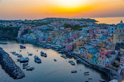 Sunset View Of Marina Di Corricella At Italian Island Procida Stock