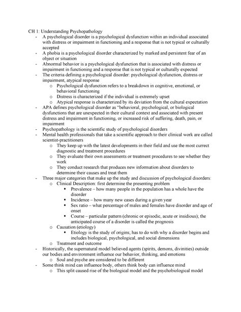 Ch1 Tbnotes Intro To Psychopathology Ch 1 Understanding Psychopathology A Psychological