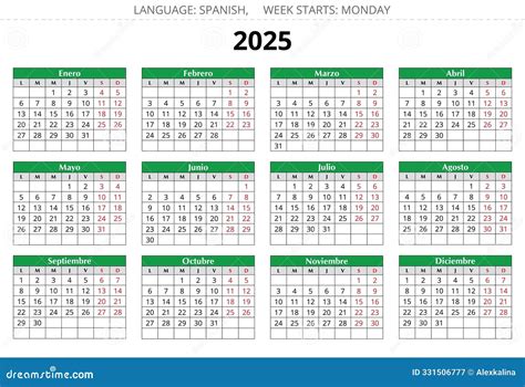 2025 Year Horizontal Spanish Calendar Printable Vector Illustration