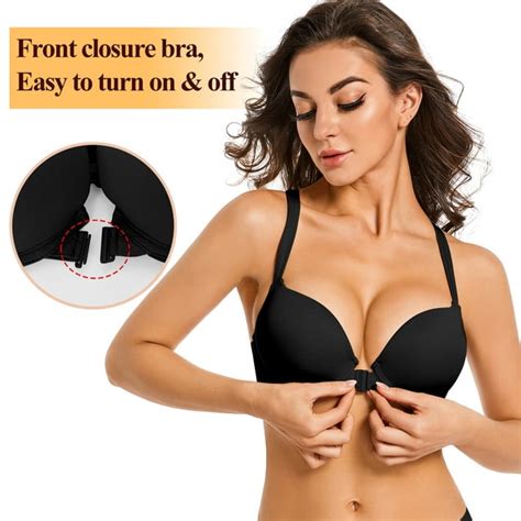 Yandw Front Closure Push Up Bra Strappy Thick Padded Cross Back Add 2 Cup Plunge Seamless