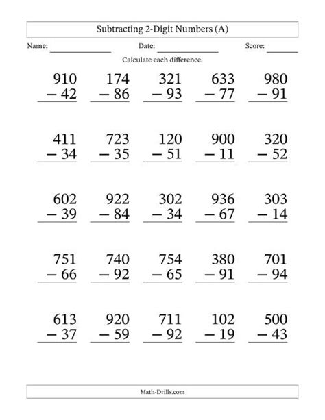 Subtract Two Digit Numbers Without Regrouping