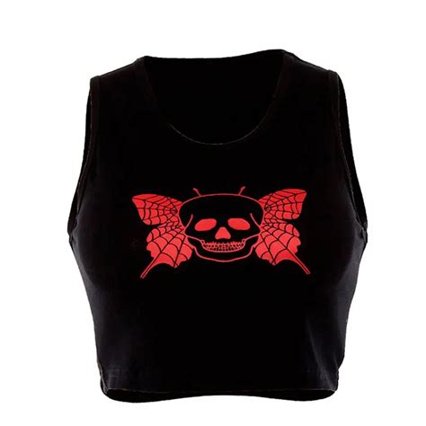 Camiseta Sin Mangas Con Estampado De Calavera Gótico Casual Negro Crop