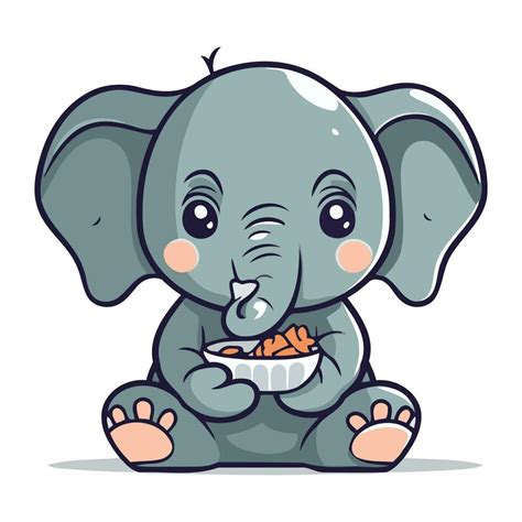 Cute Cartoon Elephant Eating Nuts Vector Illustration Isolated On