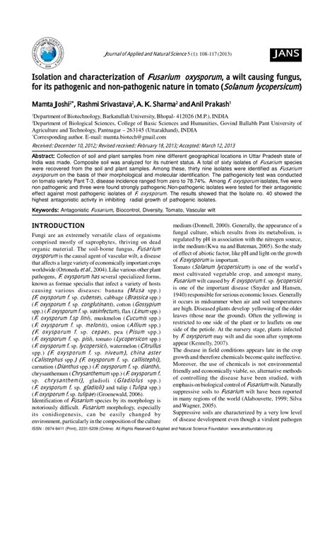 PDF Isolation And Characterization Of Fusarium Oxysporum A Wilt