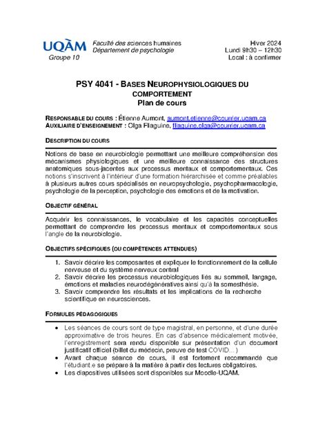 plan de cours psy neuro Faculté des sciences humaines Département de