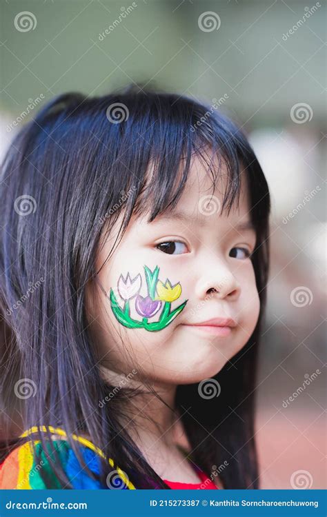 Vertical Image Of Asian Child Girl Is Painting Flower Cartoon With ...