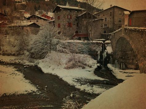 Typical Italian Village in Winter with Stone Houses, Bridge and River ...