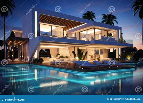 Luxury Modern Villa With Swimming Pool At Twilight Stock Illustration