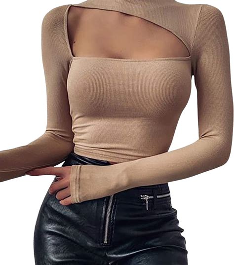 Women S Casual Sexy Cutout Crop Tops Long Sleeve Fashion Solid Color Hollow High Collar Exposed