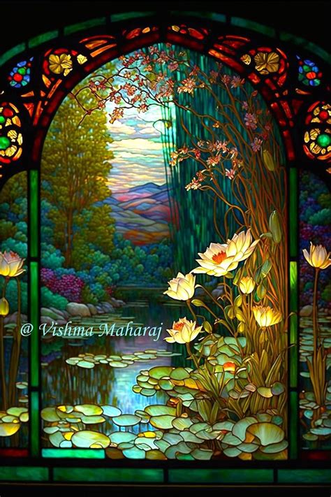 Stained Glass Window With Flowers And Water Lilies