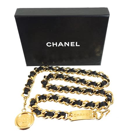 Vintage Chanel Excellent Gold Black Leather Chain Belt Nina Furfur