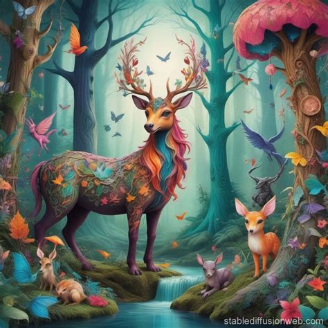 Vibrant Enchanted Forest of Mythical Creatures | Stable Diffusion Online