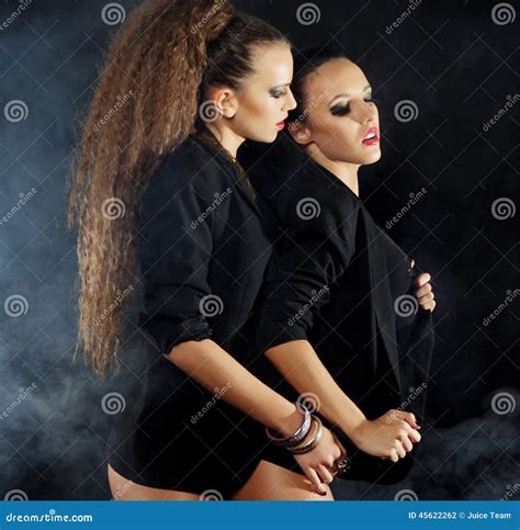 Two Dancing Woman In Black Lingerie Stock Photo Image Of Fashion