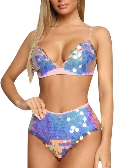 Women Two Piece Bikini Set Swimsuit Sexy Backless Sequin