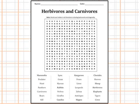 Herbivores and Carnivores Word Search Puzzle Worksheet Activity ...