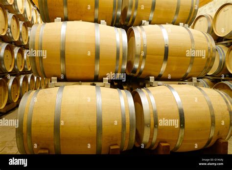 New Oak Barrels In Ageing Cellars Of Wine Estate Chateau Carignan