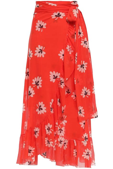 Tomato Red Tilden Floral Print Stretch Mesh Midi Wrap Skirt Sale Up