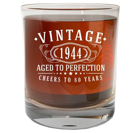 Vintage 1944 White 11oz Whiskey Rocks Glass 80th Birthday T Aged To