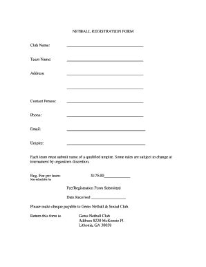 Fillable Online NETBALL REGISTRATION FORM Netball America Fax Email