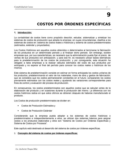 Capítulo 10 Costos Por Ordenes Específicas 9 COSTOS POR ÓRDENES