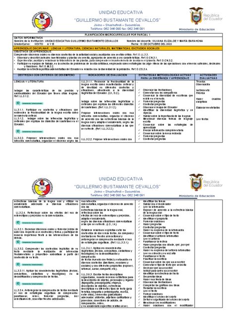 Planificación Microcurricular Por Parcial 1 2 Sexto Pdf División Matemáticas Número Natural