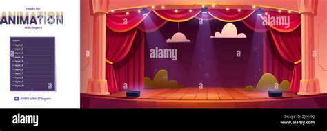 Theater stage cartoon background for game animation with 2d separated ...