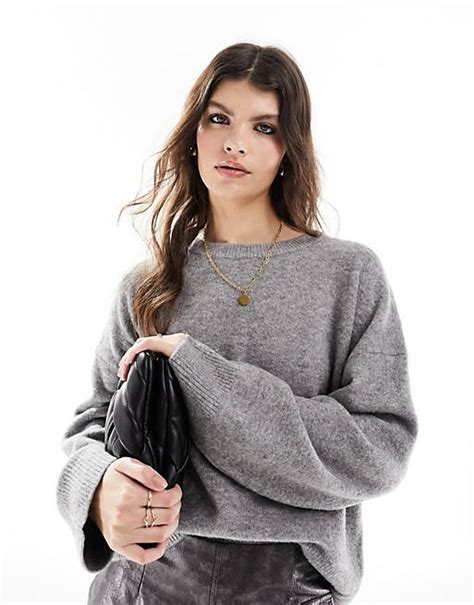 Asos Design Boxy Crew Neck Sweater In Gray Asos