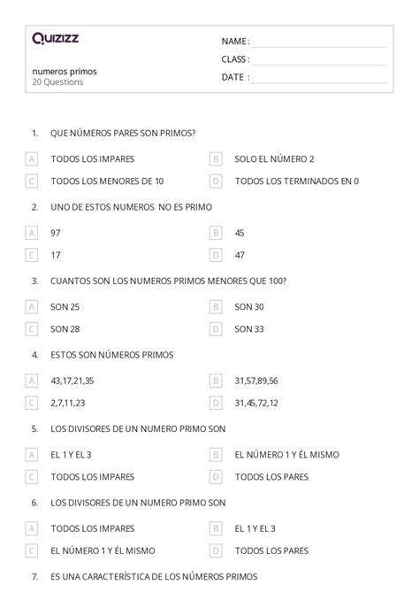 50 Números primos y compuestos hojas de trabajo para Grado 2 en