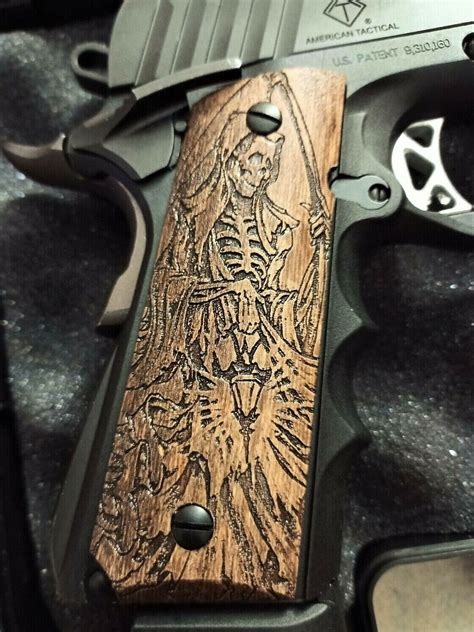 Grim Reaper Gothic Art Laser Carved American Walnut 1911 Grips Full