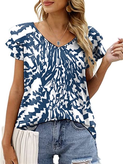 Trendy Mengpipi Women S V Neck Double Ruffle Short Sleeve Tops Size L