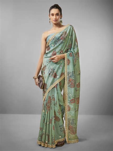 Pista Green Floral Printed Tissue Silk Saree G3 WSA55533 G3fashion