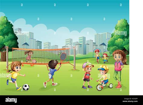 Children playing sports in the park illustration Stock Vector Image ...