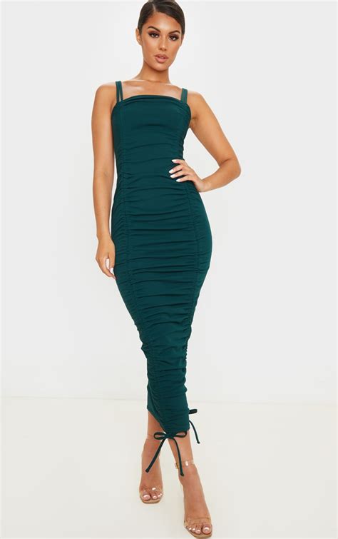 Emerald Green Strappy Ruched Midi Dress Prettylittlething Ca