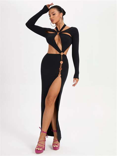 Woman In The Clouds Cutout Split Thigh Backless Ring Bodycon Dress