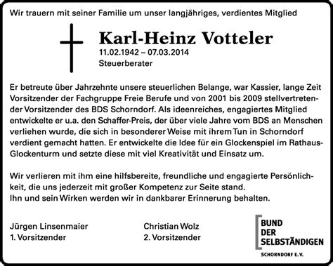 Traueranzeigen Von Karl Heinz Votteler Zvw Trauer